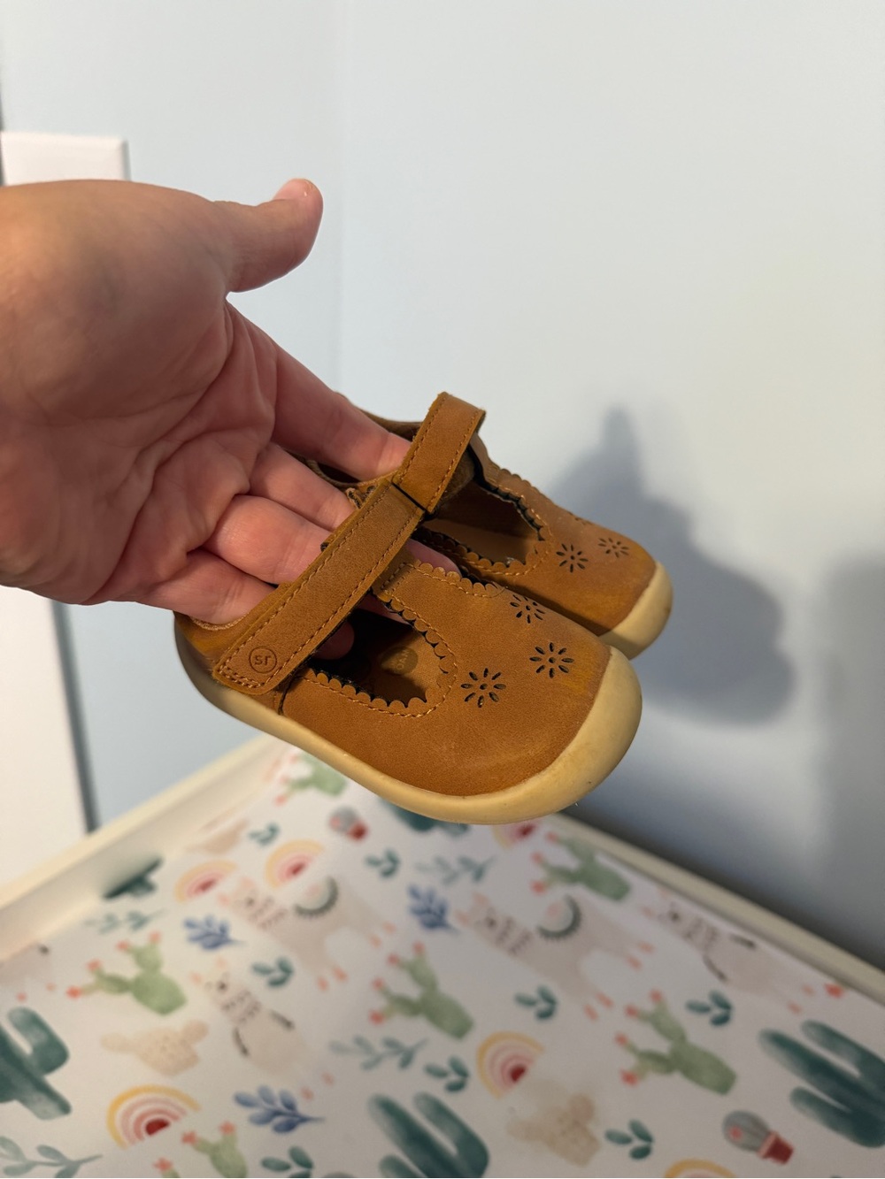 Stride Rite Tan Mary Jane Shoes with Flower Cutouts